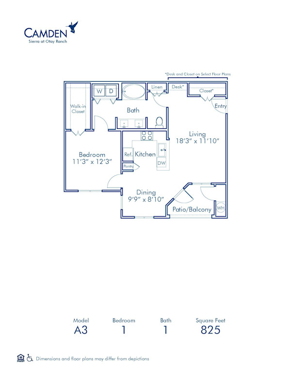 Blueprint of A3 Floor Plan, 1 Bedroom and 1 Bathroom at Camden Sierra at Otay Ranch Apartments in Chula Vista, CA