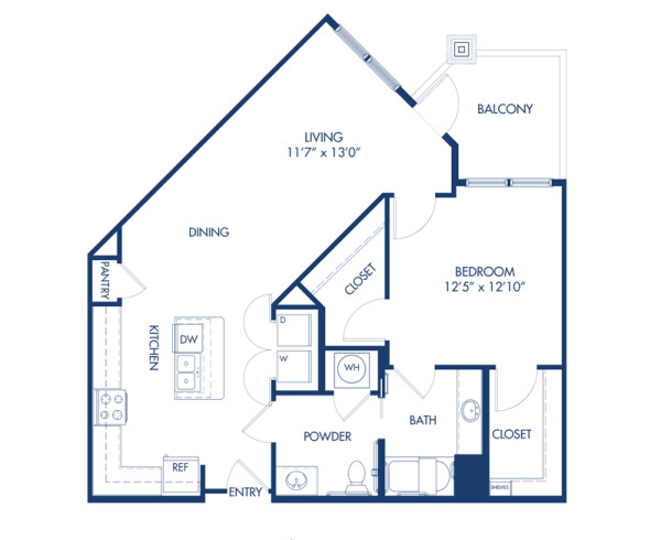 Blueprint of Hills Floor Plan, 1 Bedroom and 1 Bathroom at Camden Paces Apartments in Atlanta, GA