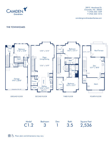 Blueprint of C1.2 Floor Plan, 3 bedroom and 3.5 bathroom apartment home at Camden Grandview Townhomes in Charlotte, NC