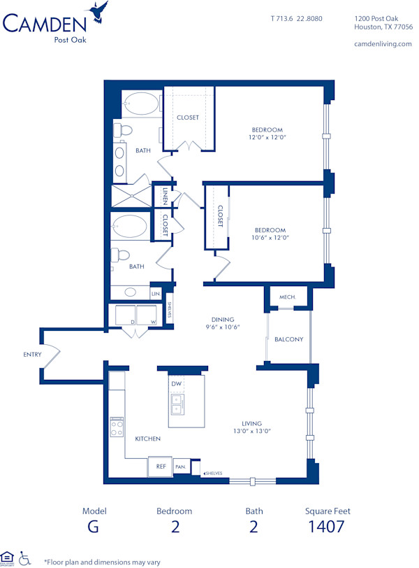 Blueprint of G Floor Plan, 2 Bedrooms and 2 Bathrooms at Camden Post Oak Apartments in Houston, TX