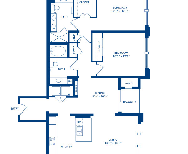 Blueprint of G Floor Plan, 2 Bedrooms and 2 Bathrooms at Camden Post Oak Apartments in Houston, TX