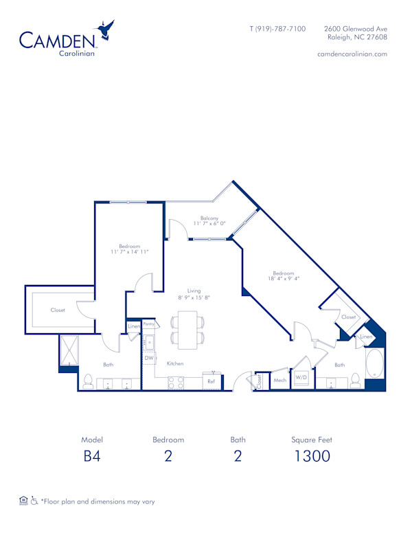 Camden Carolinian apartments in Raleigh, North Carolina two bedroom floor plan B4