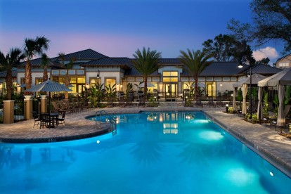 Dusk view of pool