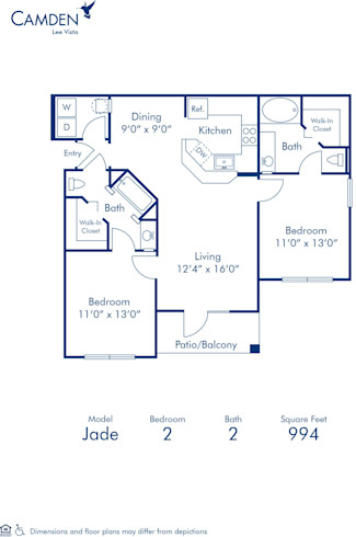 Blueprint of Jade Floor Plan, 2 Bedrooms and 2 Bathrooms at Camden Lee Vista Apartments in Orlando, FL