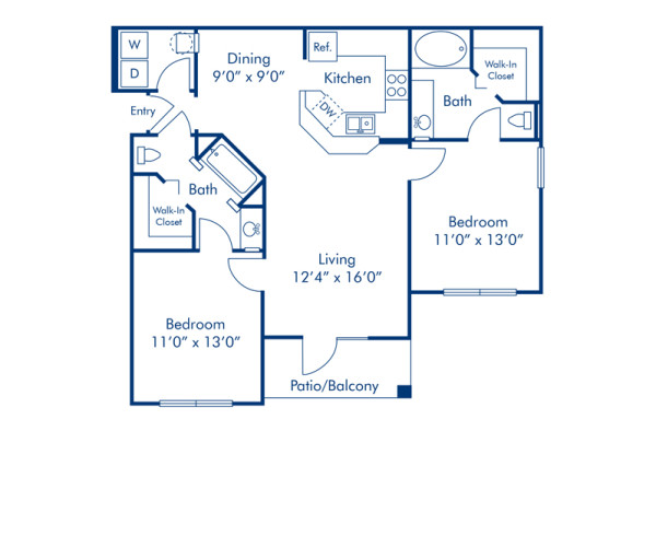Blueprint of Jade Floor Plan, 2 Bedrooms and 2 Bathrooms at Camden Lee Vista Apartments in Orlando, FL