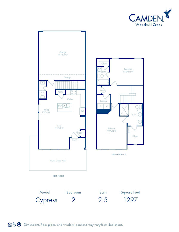 Blueprint of Cypress Floor Plan, 2 Bedroom and 2.5 Bathroom Home at Camden Woodmill Creek in Spring, TX
