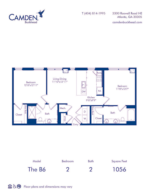 Camden Buckhead apartments Atlanta, Georgia 2 bedroom, 2 bath, floor plan B6