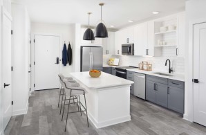 Townhome kitchen with island at Camden Durham Apartments in Durham, NC