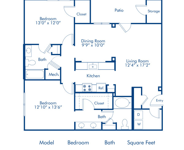 Blueprint of Daisy Floor Plan, 2 Bedrooms and 2 Bathrooms at Camden Deerfield Apartments in Alpharetta, GA