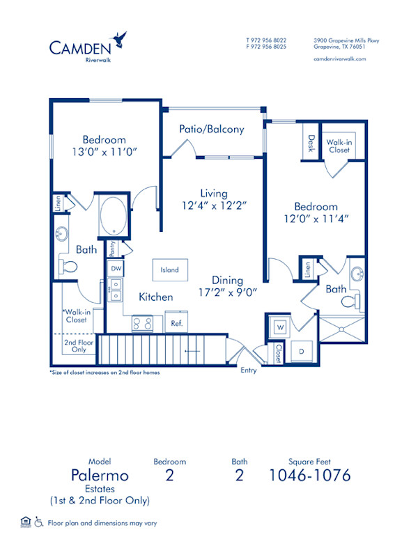 Blueprint of Palermo Estates Floor Plan, 2 Bedrooms and 2 Bathrooms at Camden Riverwalk Apartments in Grapevine, TX