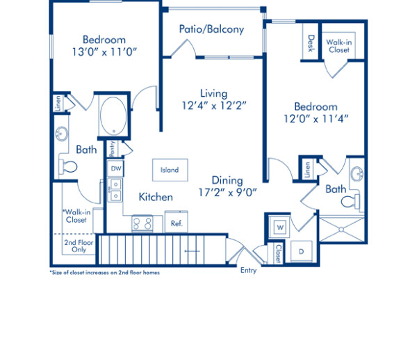 Blueprint of Palermo Estates Floor Plan, 2 Bedrooms and 2 Bathrooms at Camden Riverwalk Apartments in Grapevine, TX