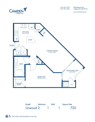 Blueprint of Linwood 2 Floor Plan, 1 Bedroom and 1 Bathroom at Camden College Park Apartments in College Park, MD