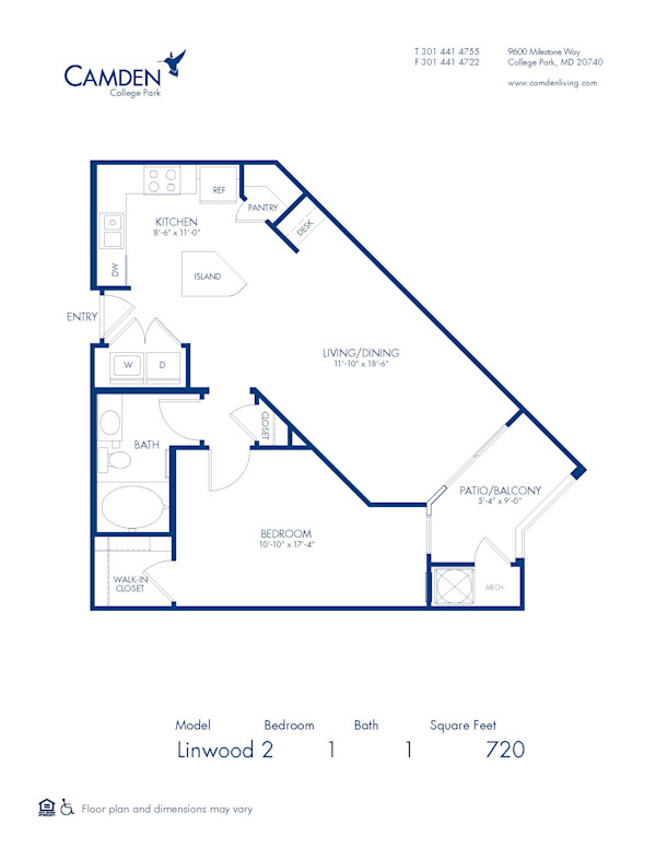 Blueprint of Linwood 2 Floor Plan, 1 Bedroom and 1 Bathroom at Camden College Park Apartments in College Park, MD