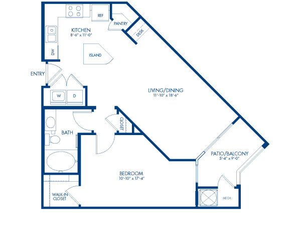Blueprint of Linwood 2 Floor Plan, 1 Bedroom and 1 Bathroom at Camden College Park Apartments in College Park, MD