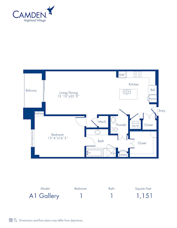 Camden Highland Village apartments in Houston, TX Gallery one bedroom floor plan A1