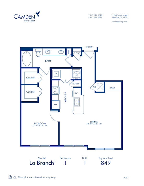 Blueprint of La Branch1 Floor Plan, 1 Bedroom and 1 Bathroom at Camden Travis Street Apartments in Houston, TX