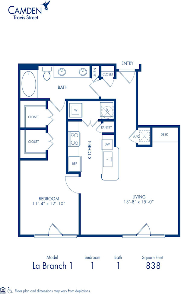 Blueprint of La Branch1 Floor Plan, 1 Bedroom and 1 Bathroom at Camden Travis Street Apartments in Houston, TX