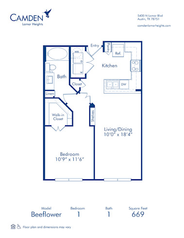 Blueprint of Beeflower Floor Plan, 1 Bedroom and 1 Bathroom at Camden Lamar Heights Apartments in Austin, TX