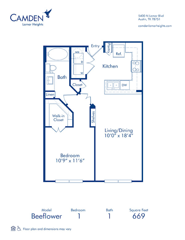 Blueprint of Beeflower Floor Plan, 1 Bedroom and 1 Bathroom at Camden Lamar Heights Apartments in Austin, TX