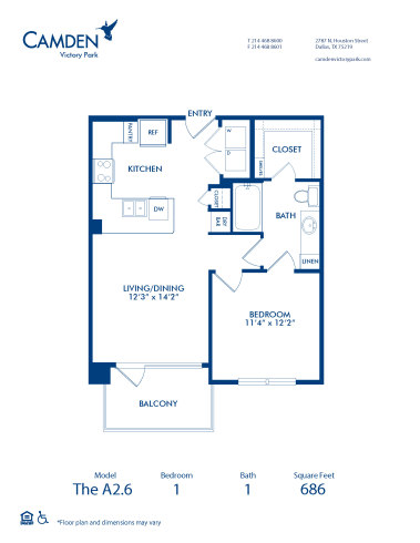 Blueprint of A2.6 Floor Plan, 1 Bedroom and 1 Bathroom at Camden Victory Park Apartments in Dallas, TX