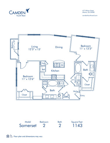 Blueprint of Somerset Floor Plan, 2 Bedrooms and 2 Bathrooms at Camden Fourth Ward Apartments in Atlanta, GA