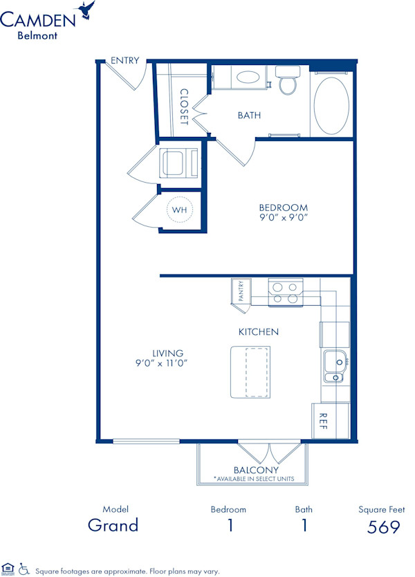 Blueprint of Grand Floor Plan, 1 Bedroom and 1 Bathroom at Camden Belmont Apartments in Dallas, TX