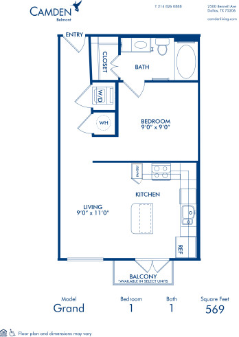 Blueprint of Grand Floor Plan, 1 Bedroom and 1 Bathroom at Camden Belmont Apartments in Dallas, TX