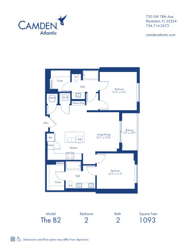 The B2 floor plan, 2 bed, 2 bath apartment home at Camden Atlantic in Plantation, FL