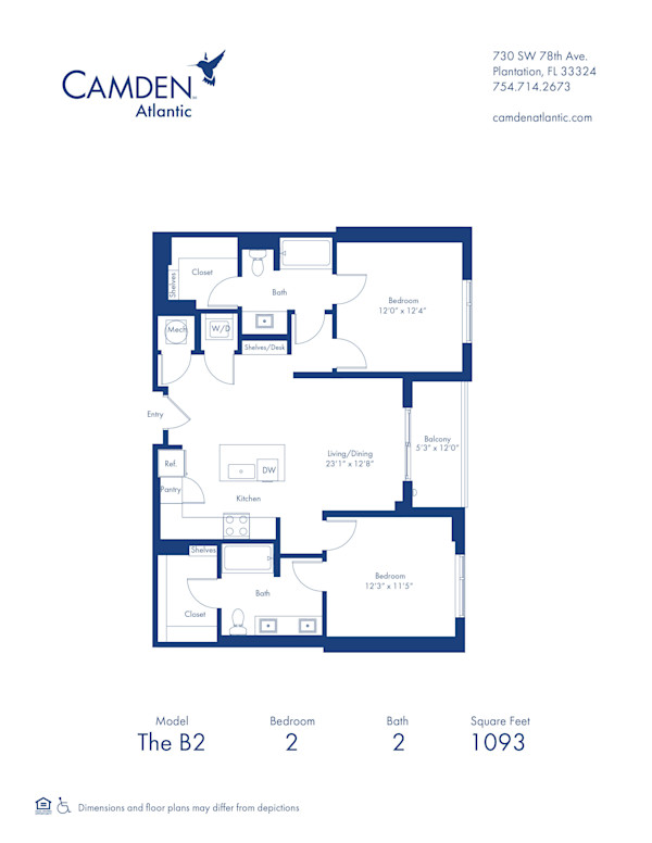 The B2 floor plan, 2 bed, 2 bath apartment home at Camden Atlantic in Plantation, FL