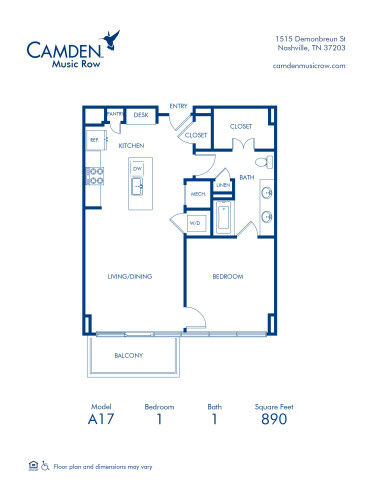 Blueprint of A17 Floor Plan, 1 Bedroom and 1 Bathroom at Camden Music Row Apartments in Nashville, TN
