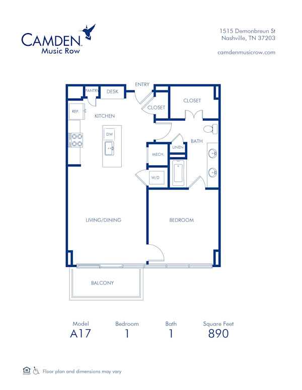 Blueprint of A17 Floor Plan, 1 Bedroom and 1 Bathroom at Camden Music Row Apartments in Nashville, TN