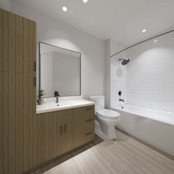 Rendering of apartment home bathroom with wood grain cabinets, white countertops, and black fixtures at Camden Nations apartments in Nashville, TN