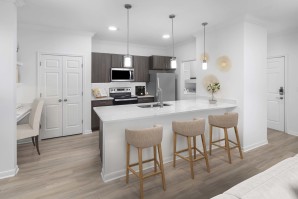 Renovated kitchen with white quartz countertops at Camden Panther Creek apartments in Frisco, Tx