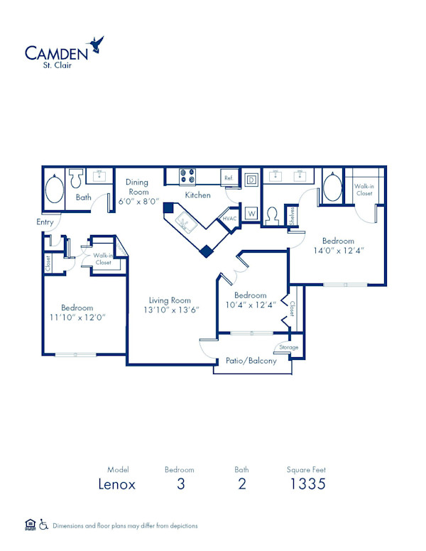 Blueprint of Lenox Floor Plan, 3 Bedrooms and 2 Bathrooms at Camden St. Clair Apartments in Atlanta, GA