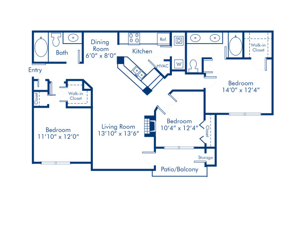 Blueprint of Lenox Floor Plan, 3 Bedrooms and 2 Bathrooms at Camden St. Clair Apartments in Atlanta, GA