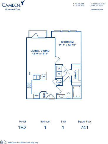 Blueprint of 1B2 Floor Plan, 1 Bedroom and 1 Bathroom at Camden Monument Place Apartments in Fairfax, VA