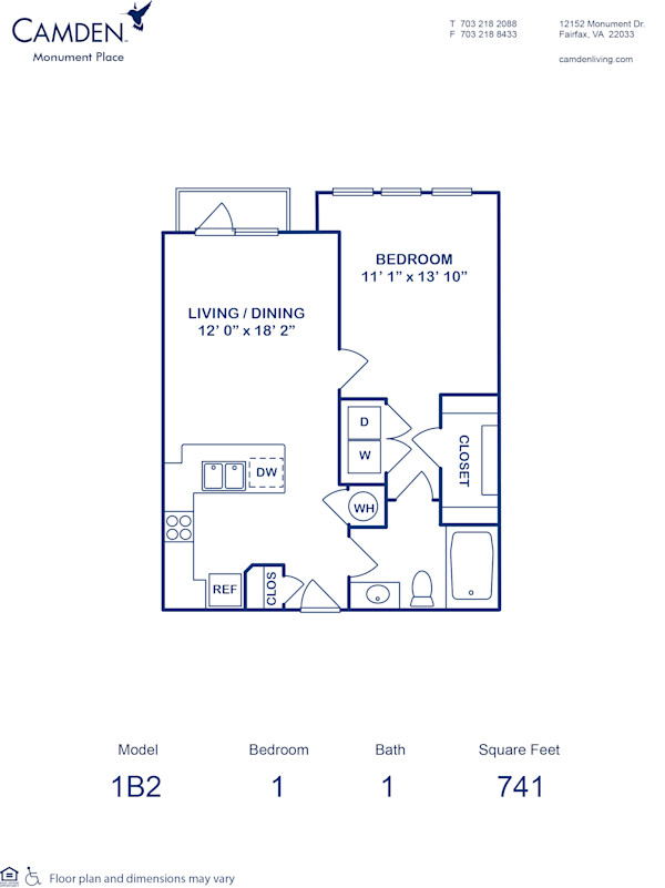 Blueprint of 1B2 Floor Plan, 1 Bedroom and 1 Bathroom at Camden Monument Place Apartments in Fairfax, VA