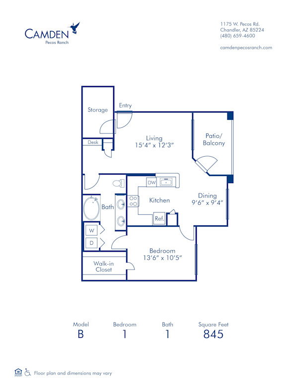 Blueprint of B Floor Plan, 1 Bedroom and 1 Bathroom at Camden Pecos Ranch Apartments in Chandler, AZ
