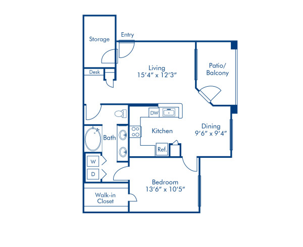 Blueprint of B Floor Plan, 1 Bedroom and 1 Bathroom at Camden Pecos Ranch Apartments in Chandler, AZ