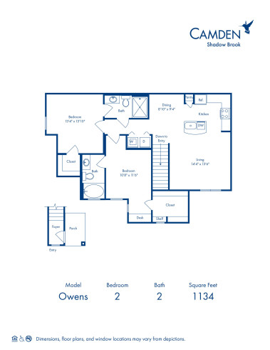 Blueprint of Owens Floor Plan, 2 Bedrooms and 2 Bathrooms at Camden Shadow Brook Apartments in Austin, TX