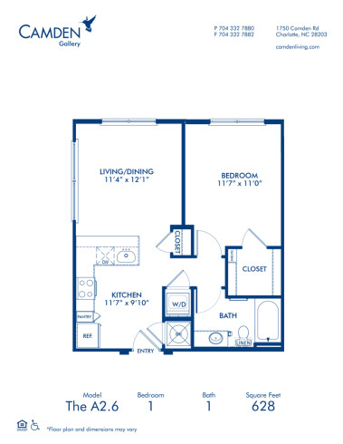 Blueprint of A2.6 Floor Plan, 1 Bedroom and 1 Bathroom at Camden Gallery Apartments in Charlotte, NC