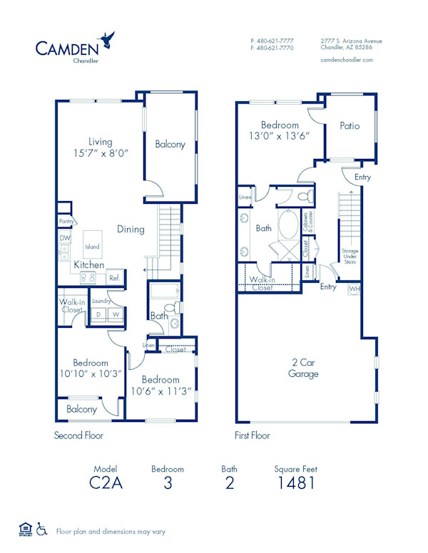 Blueprint of C2A Floor Plan, 3 Bedrooms and 2 Bathrooms at Camden Chandler Apartments in Chandler, AZ