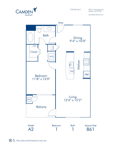 Blueprint of A2 Floor Plan, 1 Bedroom and 1 Bathroom at Camden Landmark Apartments in Ontario, CA