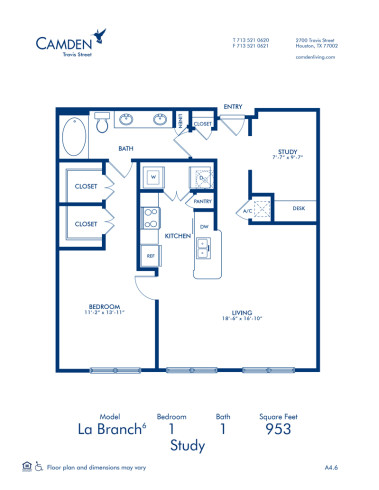 Blueprint of La Branch 6 Floor Plan, 1 Bedroom and 1 Bathroom at Camden Travis Street Apartments in Houston, TX