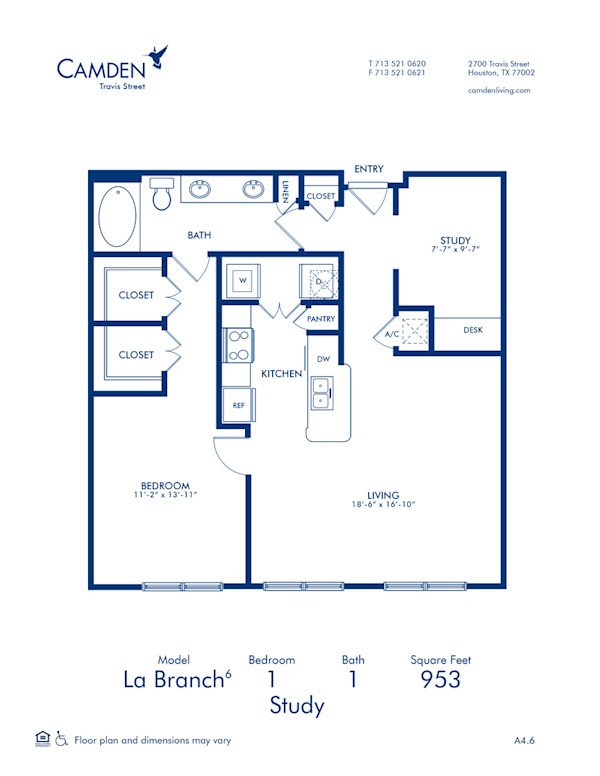 Blueprint of La Branch 6 Floor Plan, 1 Bedroom and 1 Bathroom at Camden Travis Street Apartments in Houston, TX