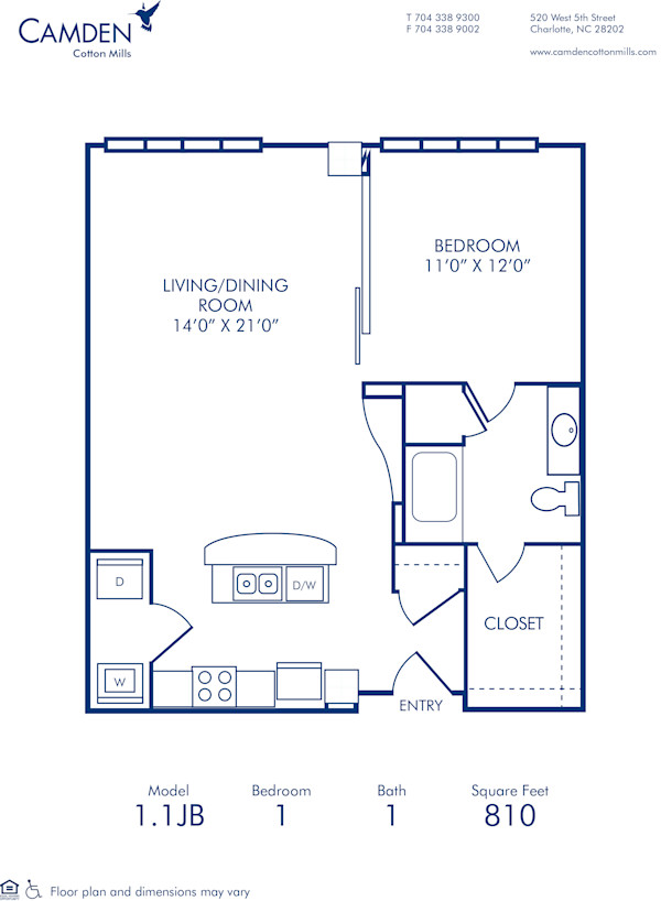 Blueprint of 1.1JB Floor Plan, 1 Bedroom and 1 Bathroom at Camden Cotton Mills Apartments in Charlotte, NC