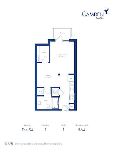 The S4 floor plan, studio with 1 bath at Camden NoDa Apartments in Charlotte, NC