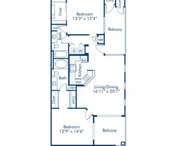 Blueprint of 2B Floor Plan, 2 Bedrooms and 2 Bathrooms at Camden Montierra Apartments in Scottsdale, AZ