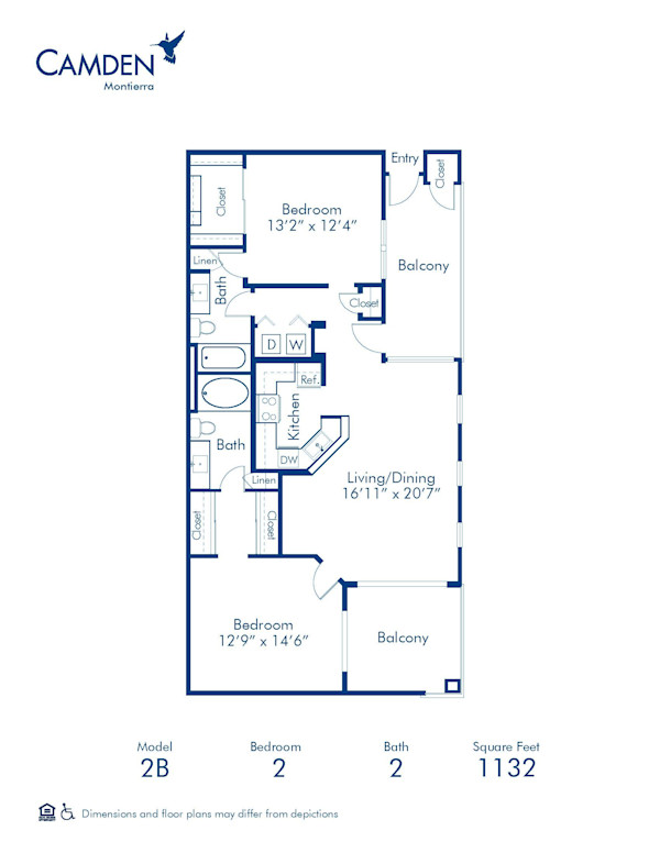 Blueprint of 2B Floor Plan, 2 Bedrooms and 2 Bathrooms at Camden Montierra Apartments in Scottsdale, AZ