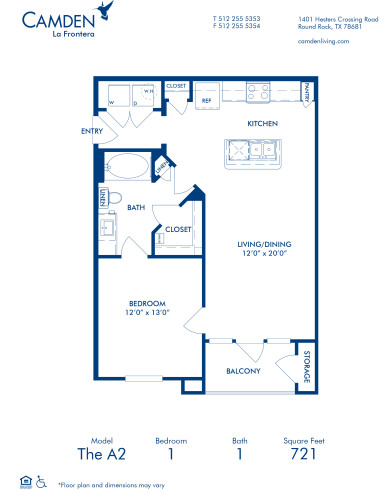 Blueprint of A2 Floor Plan, 1 Bedroom and 1 Bathroom at Camden La Frontera Apartments in Round Rock, TX